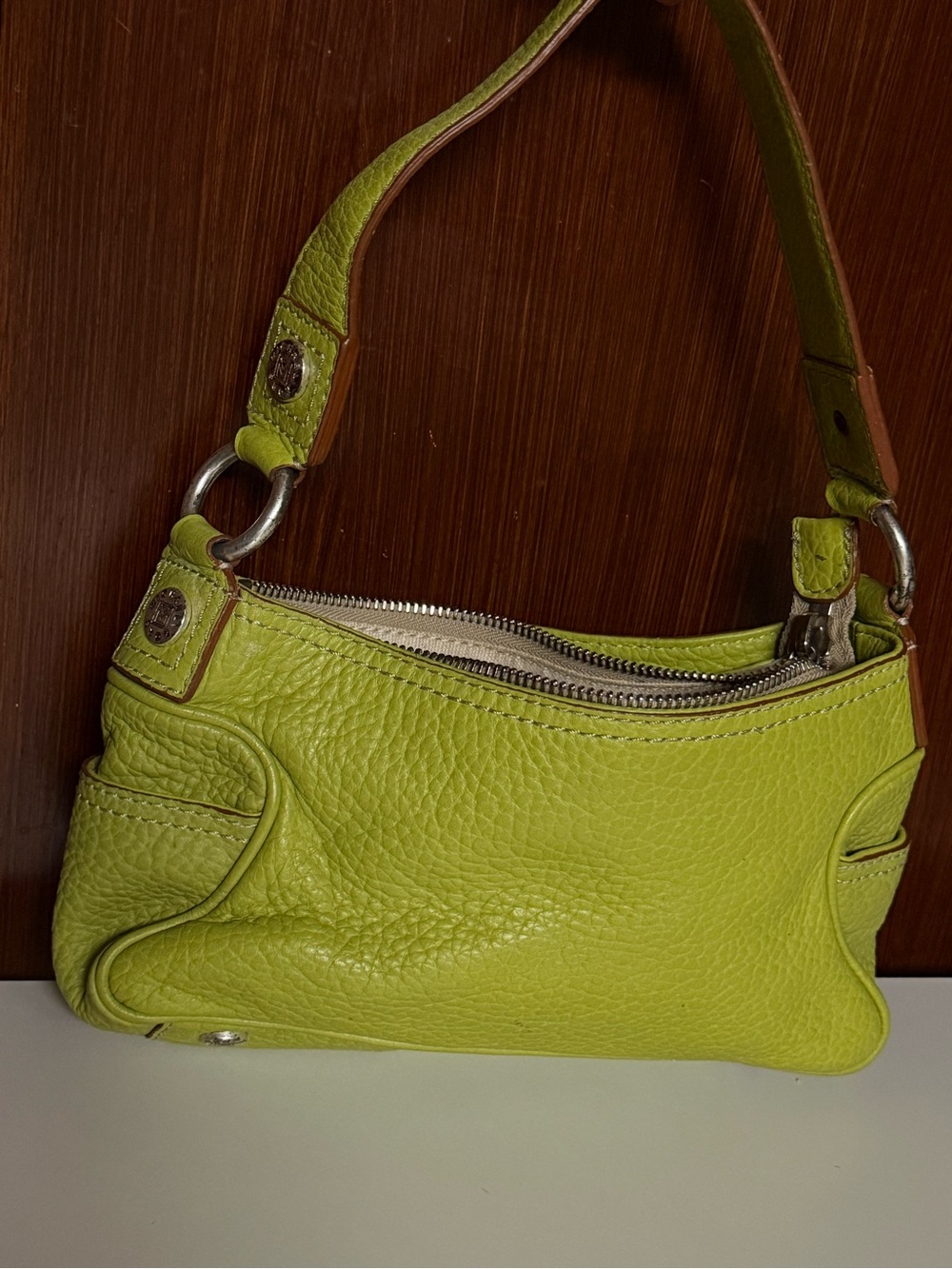 Lime Green Pebbled Leather Shoulder Bag
